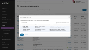 Document requests page in Xello with the Bulk send documents modal open. There are 3 fee waivers ready to send.